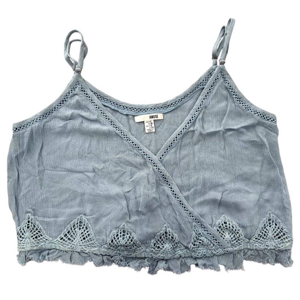 AMUSE SOCIETY Crochet Crop Top Slate Blue Viscose Spaghetti Straps Women's Small